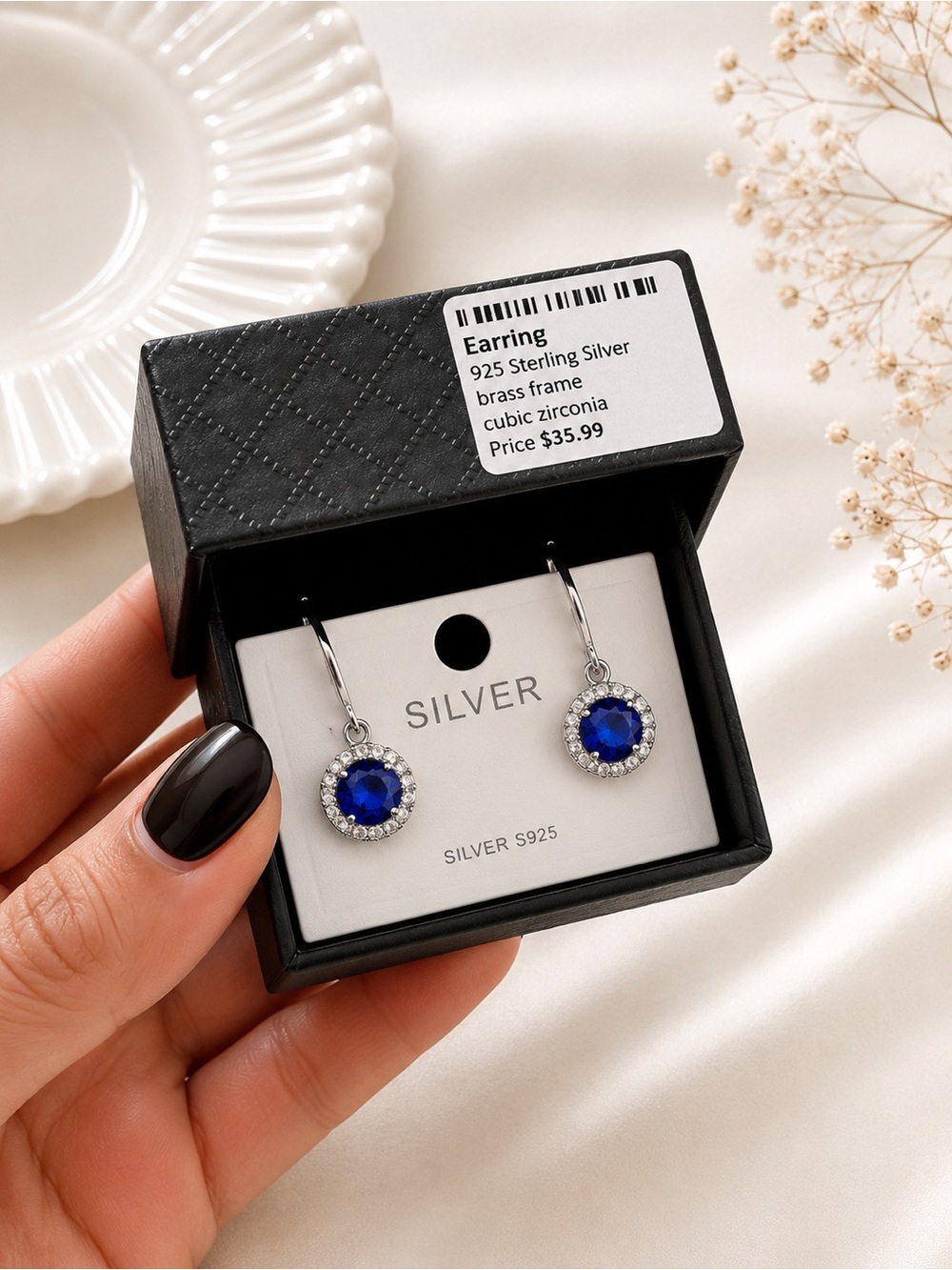 925 Royal Blue Halo Drop Earrings brass frame